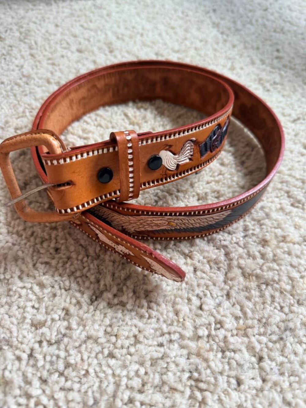 Vintage Hand Tooled Leather Belt Eagle Fighting Roosters Mexico Western Size 44